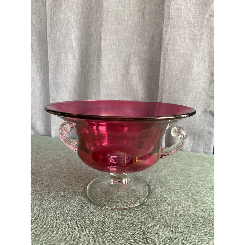 Vintage Tiffin Style Cranberry Glass Centerpiece Bowl Scrolled Handles Clear